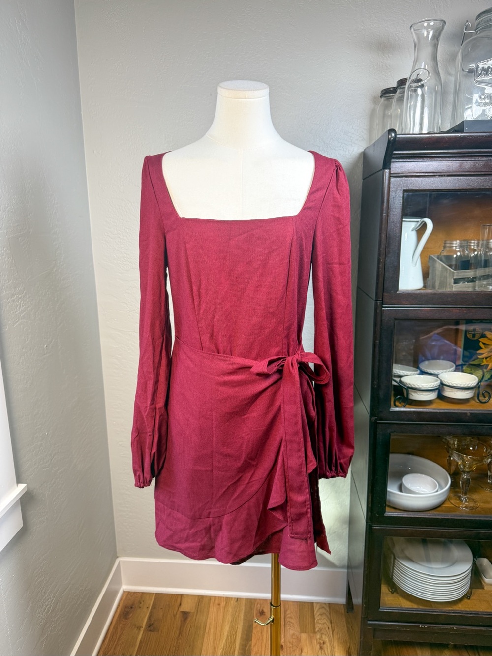Princess Polly The Villa Burgundy Linen Blend Long Sleeve Mini Dress Size 8